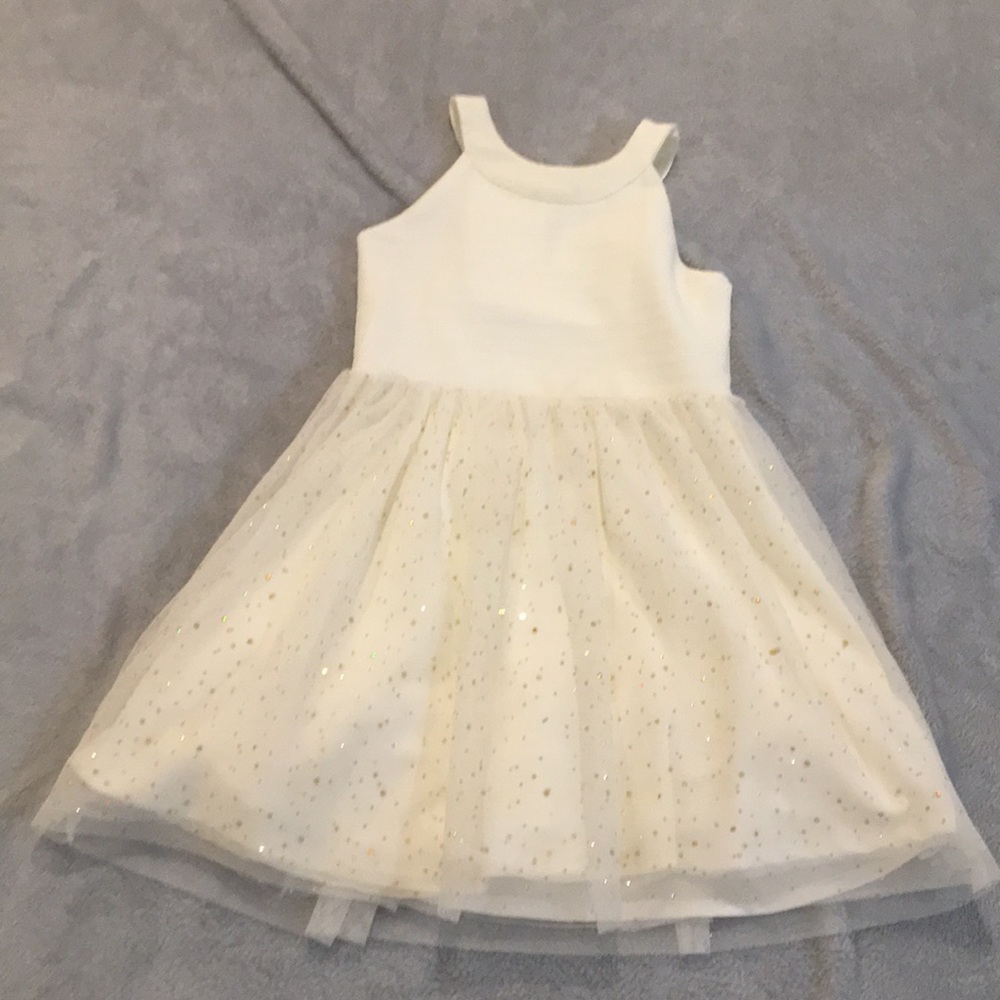 Girls 12 cream halter/gold sparkles toile dress